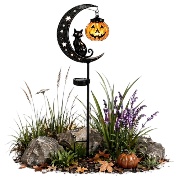 Zexumo Solar Powered Black Cat Pumpkin Moon Stake Light Weatherproof Moon Cats Led Stakes Light auto on/off Halloween Decorations Solar Lamp for Outdoor Patio Pathway Yard Lawn (A)