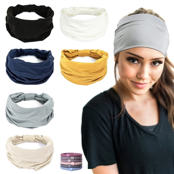 Zeya 6 Pack Wide Headbands for Women Non Slip Soft Elastic Hair Bands Yoga Running Sports Workout Gym Head Wraps, Knotted Cotton Cloth African Turbans Bandana (with 6 Pcs Hair Ties)