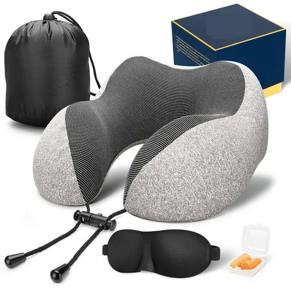 Zeya Travel Pillow 100% Pure Memory Foam Neck Pillow, Comfortable & Breathable Cover, Machine Washable, Airplane Travel Kit with 3D Sleep Mask, Earplugs, and Luxury Bag,Standard (Grey)