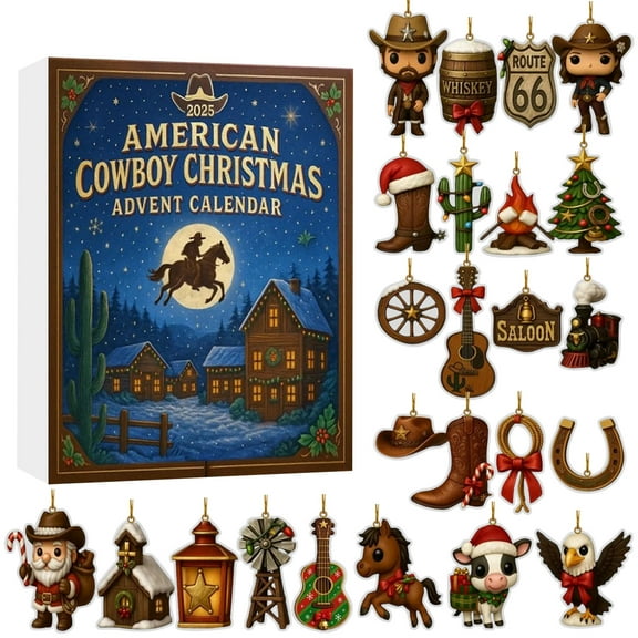 Zeyigg 2025 American Cowboy Christmas Advent Calendar, 24 Unique Western Themed Ornaments for Home Office Classroom Holiday Decorations