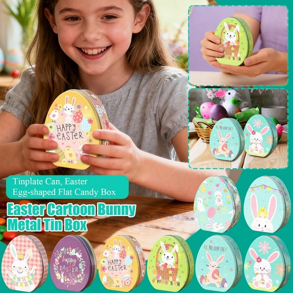 Zeyigg Colorful Printed Easter Tin Box, Cartoon Bunny Metal Storage Can for Candy, Snacks, Treats, and Holiday Party Decor,F