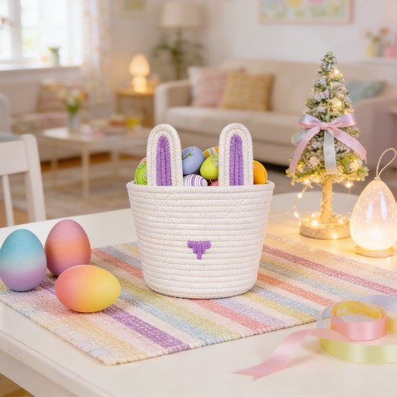 Zeyigg Easter Basket Easter Bunny Basket for Kids, Cotton Rope Woven Handled Basket, Easter Egg Hunting Basket Cute Rabbit Gift&nbsp;,A