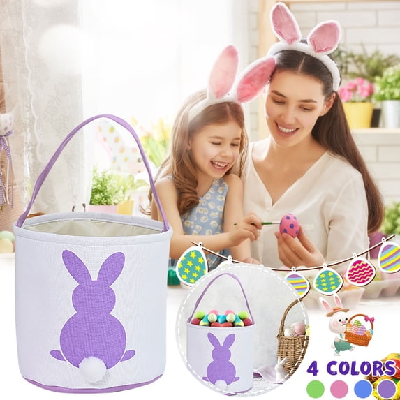 Zeyigg Easter Basket with Rabbit Print, Canvas Gift Bag for Carrying Eggs and Candy, Holiday Party Favor Bag and Home Decor,Purple