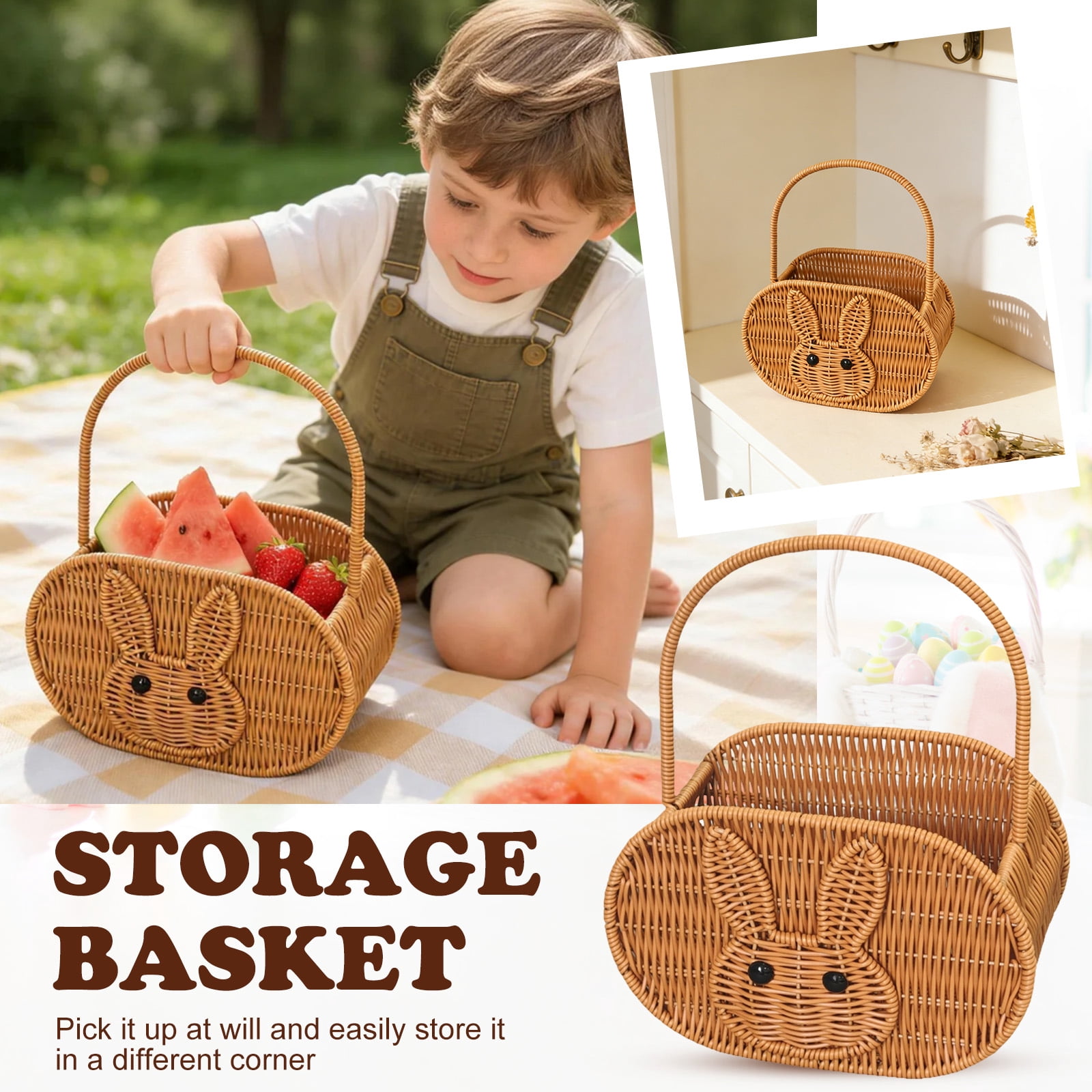 Zeyigg Handwoven Oval Bunny Storage Basket, Rattan Picnic Basket with Handles for Easter Egg Gathering, Outdoor Picnics, and Home Organization,color