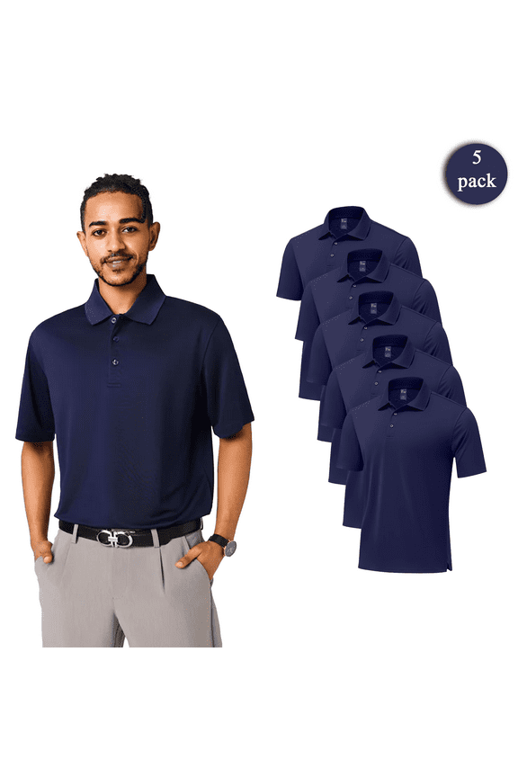 5-Pack Men’s Moisture-Wicking Dry Fit Polo Shirts, UV Protection, Navy, Lightweight Breathable Mesh, XL