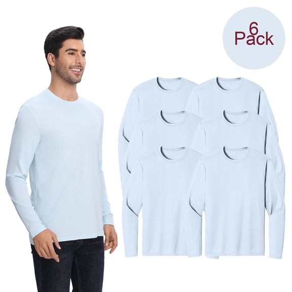 Zfeel Dry Fit Moisture-Wicking Crewneck T-Shirt. Men's Light Blue Long Sleeve Poly Tee, 6 Pack, XL