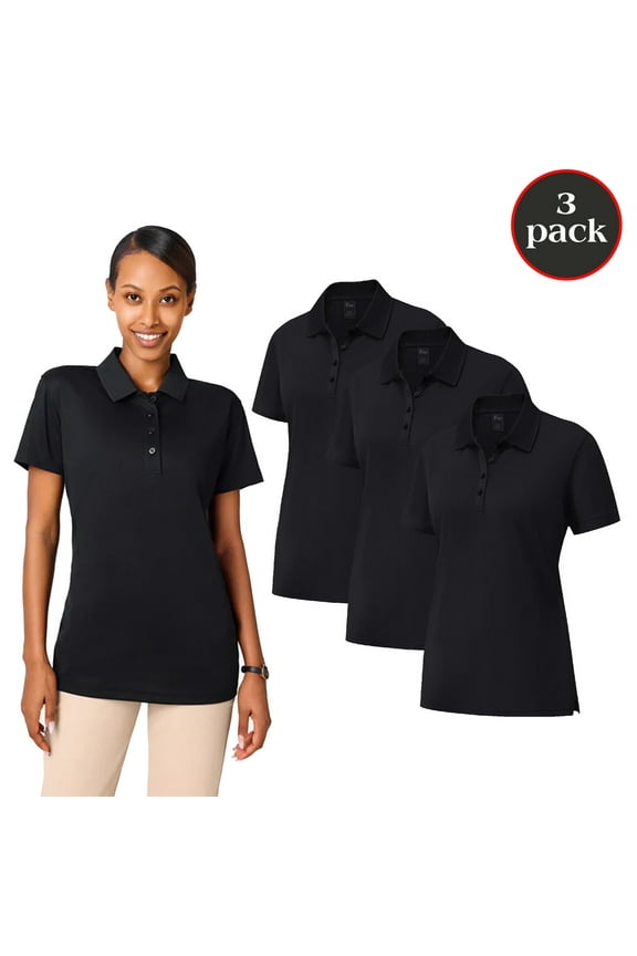 Dry Fit Performance Women Polo T-Shirt, Poly Moisture Wicking Casual Shirt, Black Tee 3 Pack, Size M