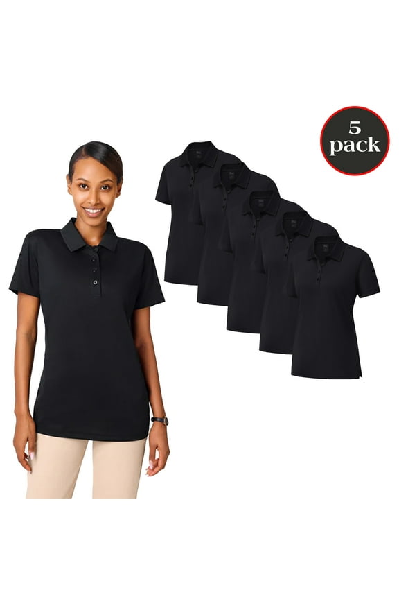 Dry Fit Performance Women Polo T-Shirt, Poly Moisture Wicking Casual Shirt, Black Tee 5 Pack, Size S