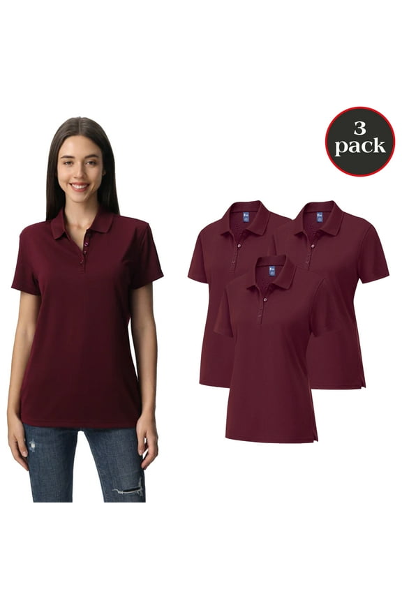 Dry Fit Performance Women Polo T-Shirt, Poly Moisture Wicking Casual Shirt, Maroon Tee 3 Pack, Size S