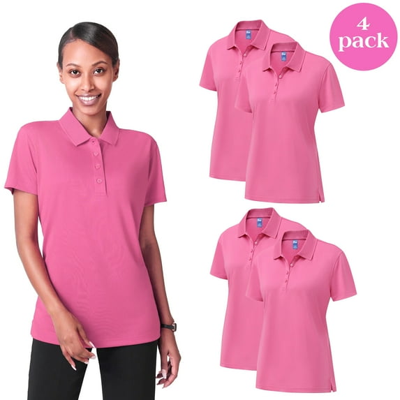 Zfeel Dry Fit Performance Women Polo T-Shirt, Poly Moisture Wicking Casual Shirt, Pink Tee 4 Pack, Size S