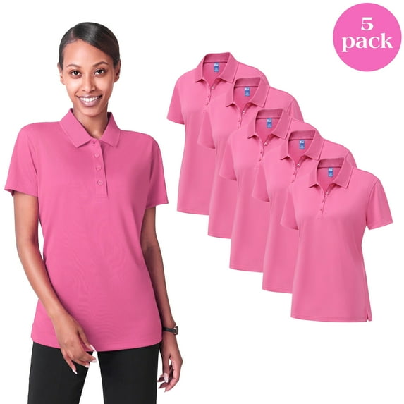 Zfeel Dry Fit Performance Women Polo T-Shirt, Poly Moisture Wicking Casual Shirt, Pink Tee 5 Pack, Size S