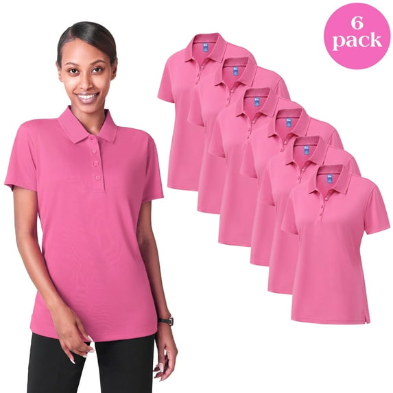 Zfeel Dry Fit Performance Women Polo T-Shirt, Poly Moisture Wicking Casual Shirt, Pink Tee 6 Pack, Size S