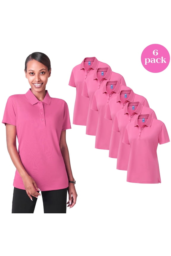 Dry Fit Performance Women Polo T-Shirt, Poly Moisture Wicking Casual Shirt, Pink Tee 6 Pack, Size S