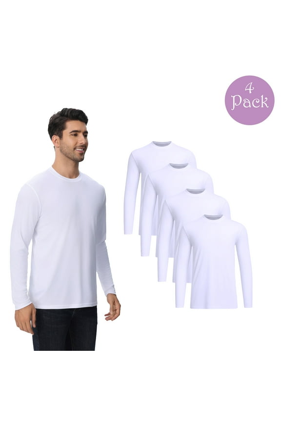 Dry Fit Poly T-Shirt, Men's Moisture Wicking Long Sleeve White Shirt, 4 Pack Classic Tee, M