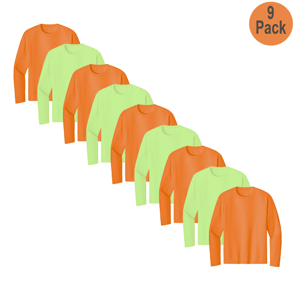 Zfeel Hi Vis Pure Dry Fit Poly T-Shirt for Men, Long Sleeve Safety Neon Green and Orange, 9 Pack L
