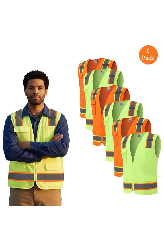 Hi-Vis Reflective Poly Mesh Safety Vest, Men's 6 Pack Mix Color Multi Pocket Vest, L