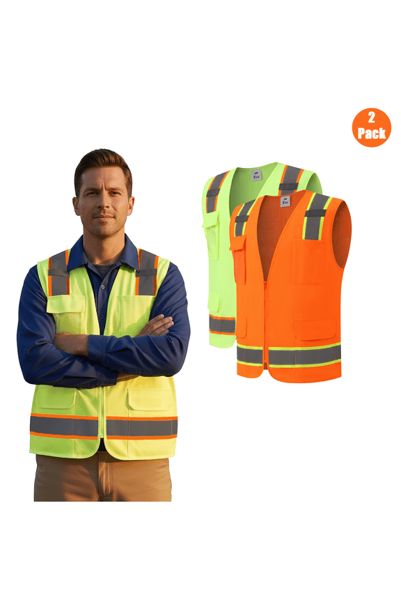 Hi-Vis Reflective Poly Mesh Zip Front Multi-Pocket Safety Vest, Bulk 2 Pack, L