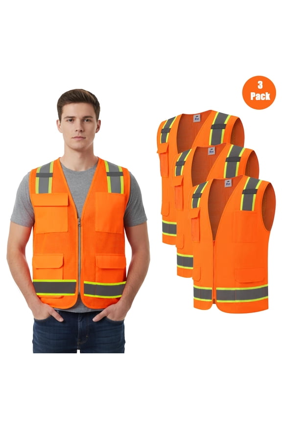 Hi-Vis Reflective Safety Vest, Moisture-Wicking Safety Neon Orange Color Vest, 3-Pack, 4XL