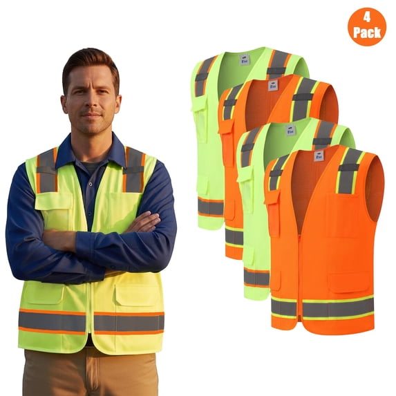 Zfeel Hi-Vis Safety Vest with Reflective Strips for Emergency, Neon Yellow and Neon Orange, 4-Pack, L