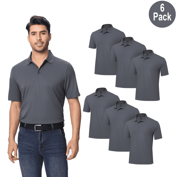 Zfeel High Performance Dry Fit Poly Polo Shirt for Men, Short Sleeve Collared, lron Grey, 6 Pack L