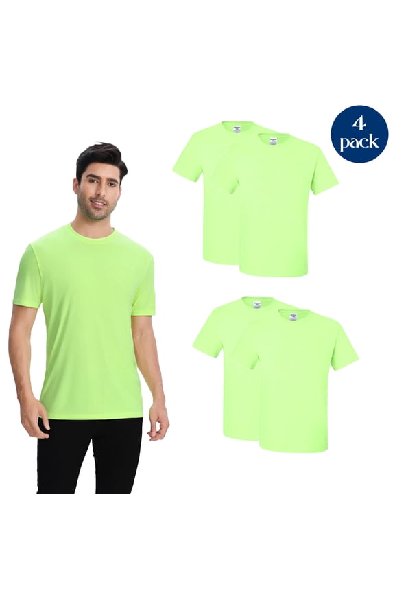 High Performance Dry Fit T-Shirt for Men, Hi Vis Safety T-Shirt, 4 Pack, Neon Green, L