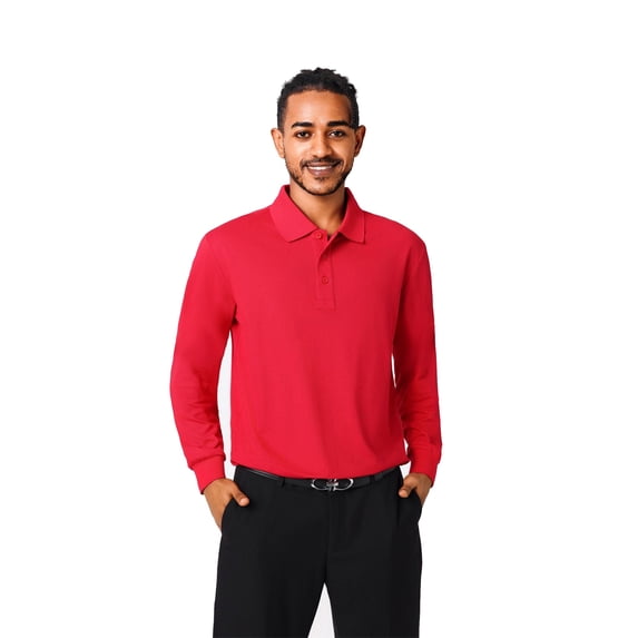 Zfeel High Performance Men's Long Sleeve Polo, Comfortable Poly Cotton Blend, Cherry Red, S