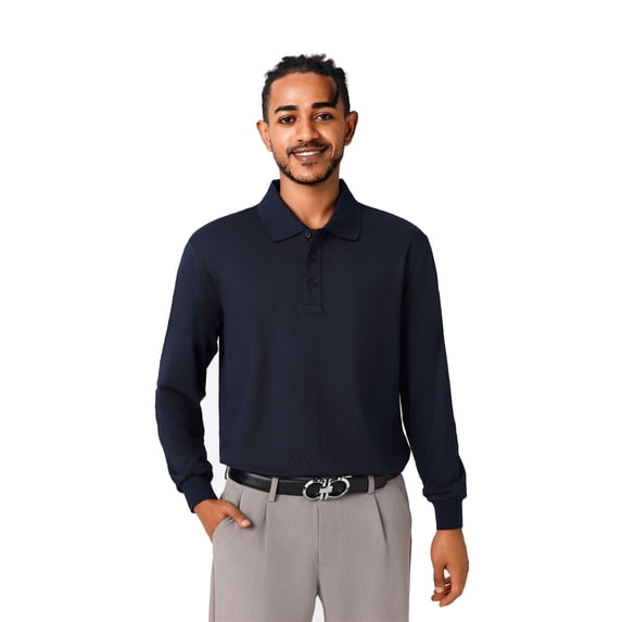 Zfeel High Performance Men's Long Sleeve Polo, Comfortable Poly Cotton Blend, Sport Dark Navy, L