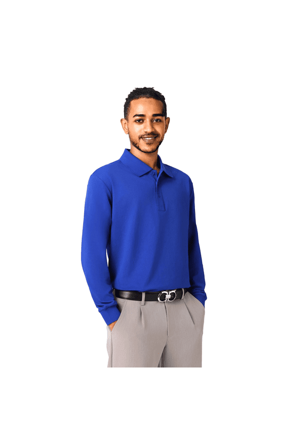 High Performance Men's Long Sleeve Polo, Poly-Cotton Blend Shirt, Sport Royal, M