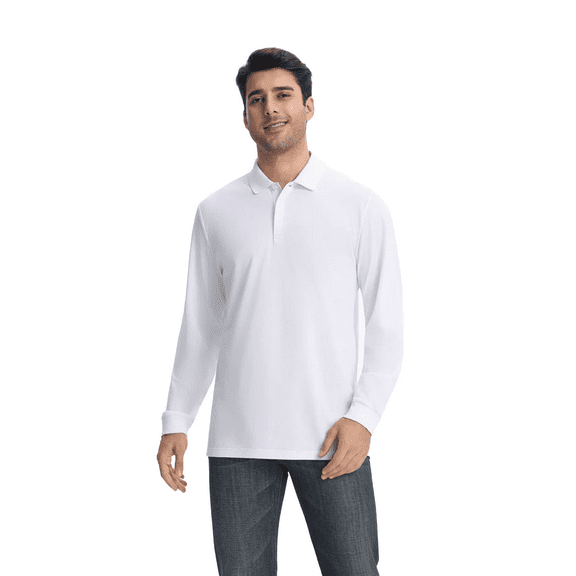 Zfeel High Performance Men's Long Sleeve Polo, Poly-Cotton Blend Shirt, White, 2XL