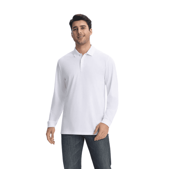 Zfeel High Performance Men's Long Sleeve Polo, Poly-Cotton Blend Shirt, White, L