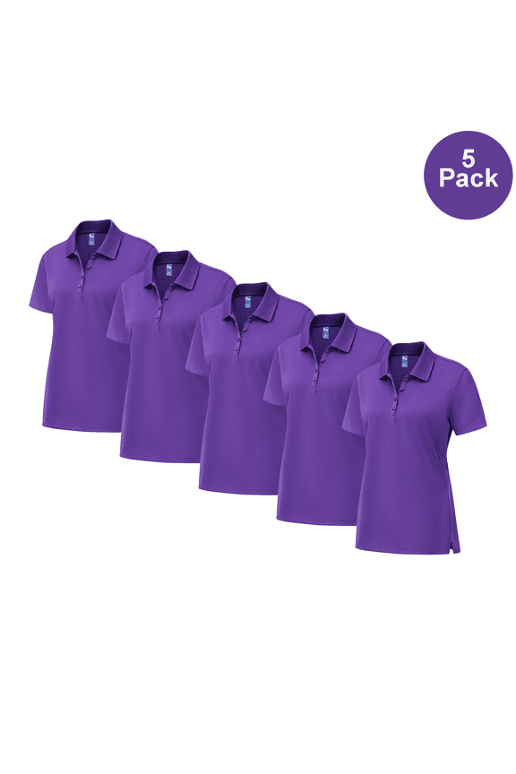High Performance Poly Polo Shirt, Women's Pure Dry Fit UV Protection Tee, Purple, S, 5 Pack
