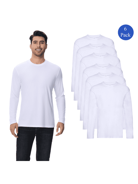High Performance Pure Dry Fit Poly Long Sleeves T-Shirt, Men's White 100 Polyester Tee, Pack of 6, Size L