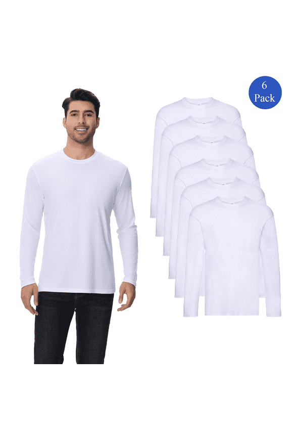 High Performance Pure Dry Fit Poly Long Sleeves T-Shirt, Men's White 100 Polyester Tee, Pack of 6, Size S