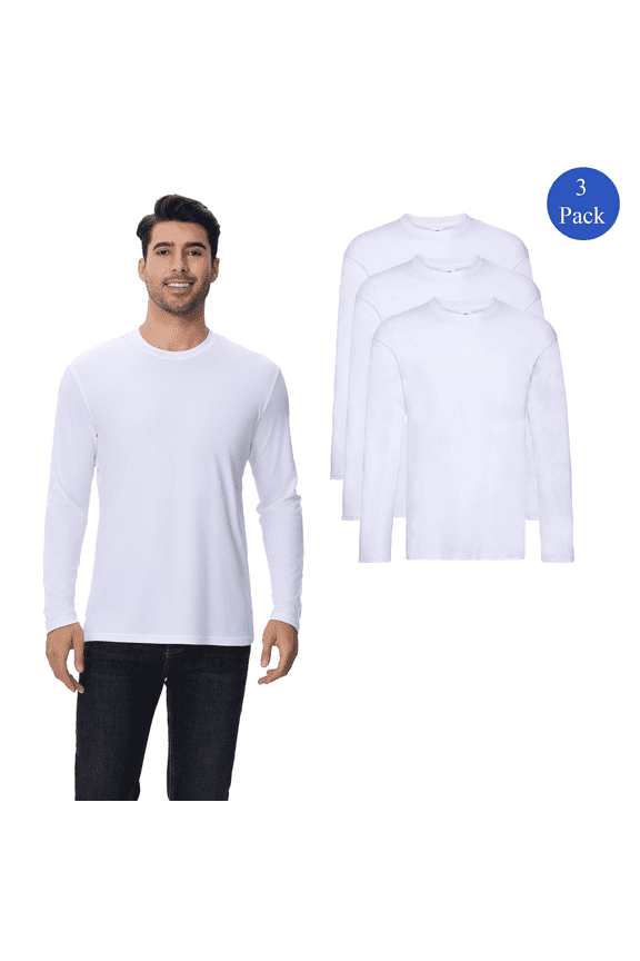 High Performance Pure Dry Fit Poly Long Sleeves White Moisture-Wicking T-Shirt, Pack of 3, S