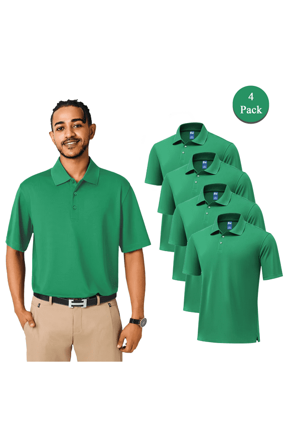 High Performance Pure Dry Fit Poly Polo, Kelly Green Polyester Tee, UV Protection, 4 Pack, L