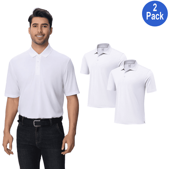 Zfeel High Performance Pure Dry Fit Poly Polo Shirt for Men, Short Sleeve, White, Size S, 2 Pack