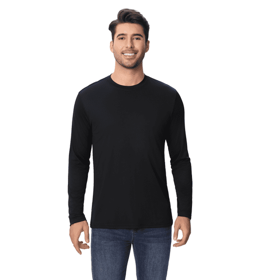 Men's Dry Fit Poly Long Sleeve Shirt, 100 Polyester Crewneck Moisture Wicking Tee, Black, 3XL