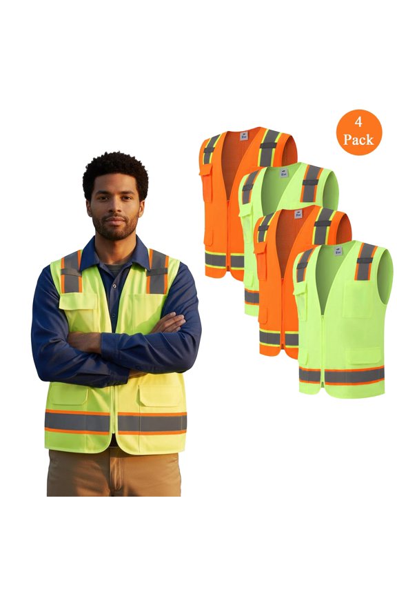High Visibility Safety Vest for Men, 4 Pack Assorted Color Multi Pocket Vest, S