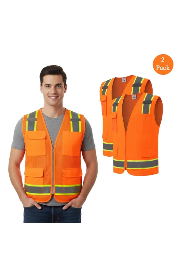 High Visibility Safety Workwear for Men, Sleeveless Breathable Neon Orange Vest, 4XL