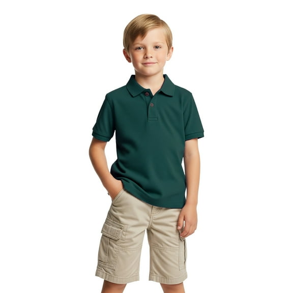 Zfeel Kids Short Sleeve Polo Shirt, Button Closure Comfort Fabric Dailywear Tee, Forest Green, L