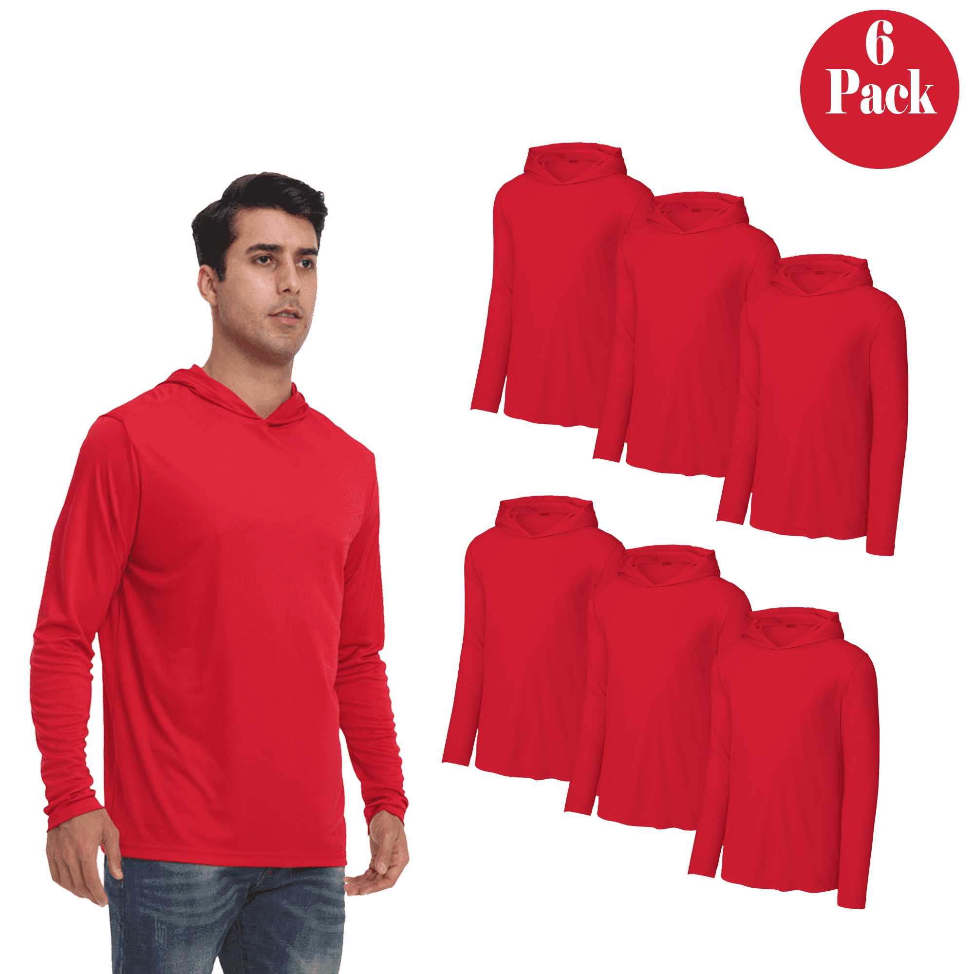 Zfeel Lightweight Dry Fit Hoodie for Men, Long Sleeve Red Pullover Hooded Shirt, 5 Pack, L