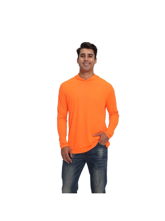 Lightweight Dry Fit Pullover Hoodie, Men's 100% Polyester Long Sleeve Hoodie, Neon Orange, L