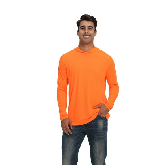 Zfeel Lightweight Dry Fit Pullover Hoodie, Men's 100% Polyester Long Sleeve Hoodie, Neon Orange, L