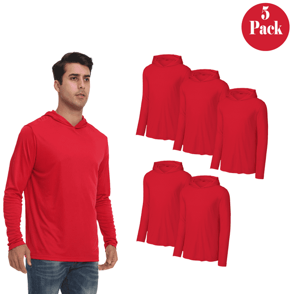 Zfeel Lightweight Pullover Hooded Shirt for Men, 5 Pack Dry Fit Long Sleeve Red Hoodie, M