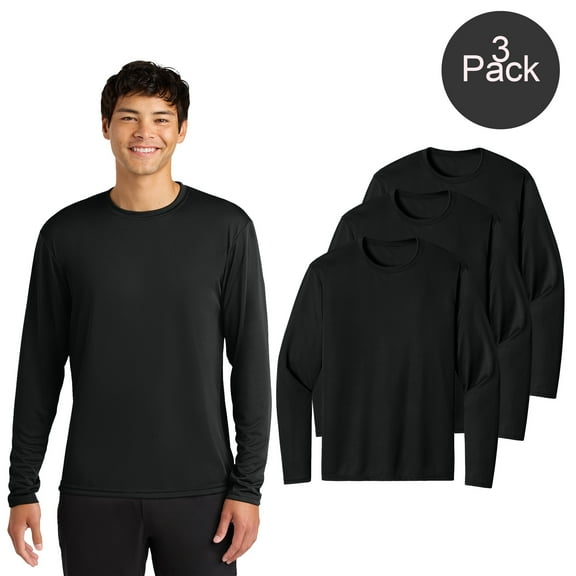 Zfeel Long Sleeve Dry Fit Shirts for Men, Moisture-Wicking Crewneck Black Poly Tee, 3 Pack, S