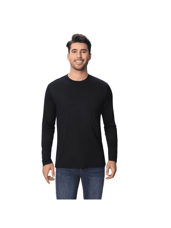 Men's Dry Fit Poly Long Sleeve Shirt, 100 Polyester Crewneck Moisture Wicking Tee, Black, L