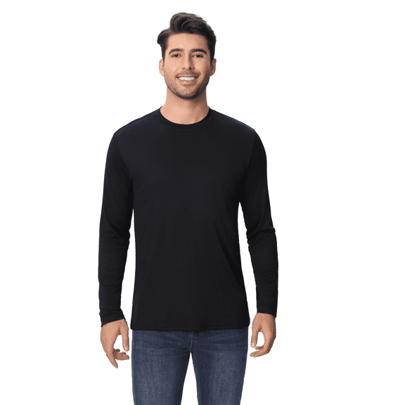 Men's Dry Fit Poly Long Sleeve Shirt, 100 Polyester Crewneck Moisture Wicking Tee, Black, S