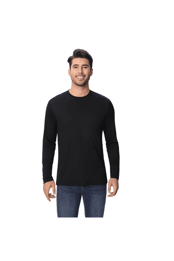 Men's Dry Fit Poly Long Sleeve Shirt, 100 Polyester Crewneck Moisture Wicking Tee, Black, XL