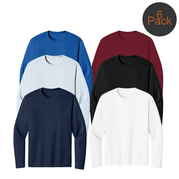 Zfeel Long Sleeves Crewneck T-Shirt for Men, Assorted Dry Fit 100% Polyester Tee, 6 Pack, S