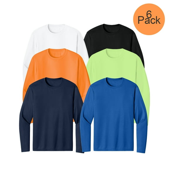 Zfeel Long Sleeves Crewneck T-Shirt for Men, Assorted Dry Fit Poly Comfortable Shirt, 6 Pack, L